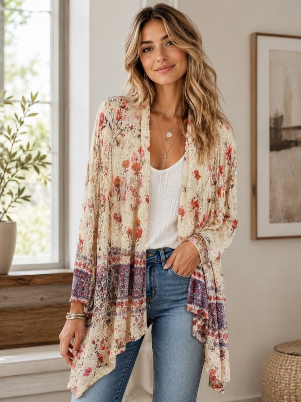 Origami Floral Lace Open Front Boho Cardigan Jacket